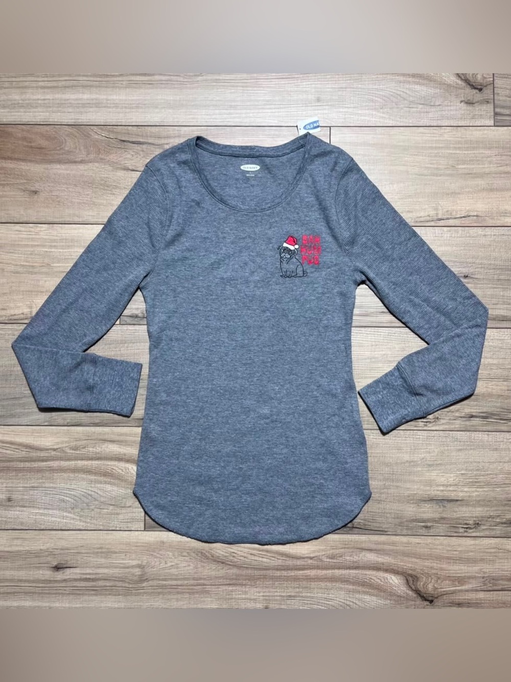 Old Navy Juniors Bah Hum Pug Christmas Thermal Knit Long Sleeve Shirt Large Gray